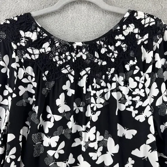 Talbots Top Womens L Black Butterfly Smocked Scoop Neck 3/4 Sleeves Elastic Cuff - Picture 9 of 15